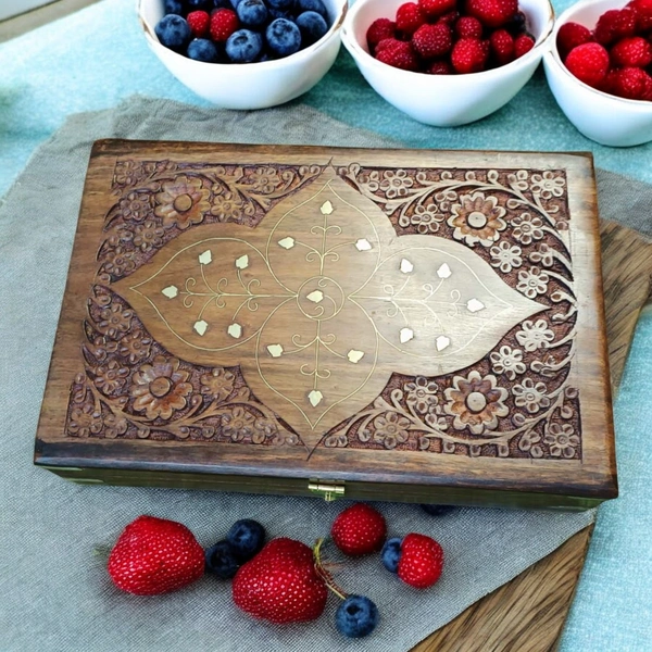 Sold By R R Global Exports Jewellery Box With Carving And Brass Inlay - L.12'' W.8'' H.3.5'', Natural Polish, Wooden