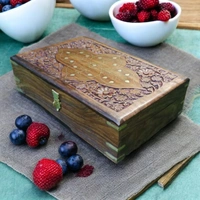 Sold By R R Global Exports Jewellery Box With Carving And Brass Inlay - L.12'' W.8'' H.3.5'', Natural Polish, Wooden