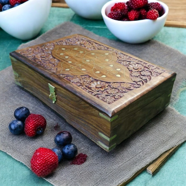Sold By R R Global Exports Jewellery Box With Carving And Brass Inlay - L.12'' W.8'' H.3.5'', Natural Polish, Wooden