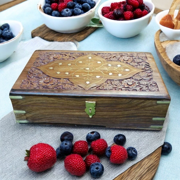 Sold By R R Global Exports Jewellery Box With Carving And Brass Inlay - L.12'' W.8'' H.3.5'', Natural Polish, Wooden