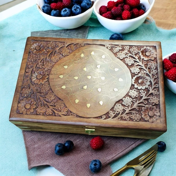 Sold By R R Global Exports Jewellery Box With Carving And Brass Inlay - L.12'' W.8'' H.2.5'', Natural Polish, Wooden