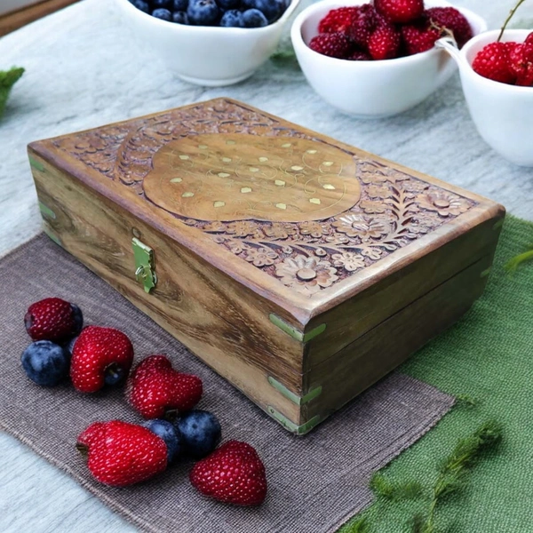 Sold By R R Global Exports Jewellery Box With Carving And Brass Inlay - L.12'' W.8'' H.2.5'', Natural Polish, Wooden