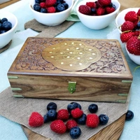 Sold By R R Global Exports Jewellery Box With Carving And Brass Inlay - L.12'' W.8'' H.2.5'', Natural Polish, Wooden