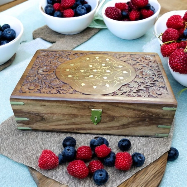Sold By R R Global Exports Jewellery Box With Carving And Brass Inlay - L.12'' W.8'' H.2.5'', Natural Polish, Wooden