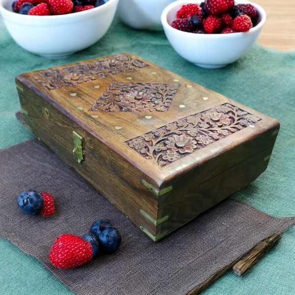 Sold By R R Global Exports Jewellery Box With Carving And Brass Inlay - L.12'' W.8'' H.3.5'', Natural Polish, Wooden