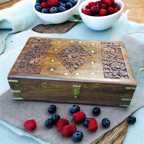 Sold By R R Global Exports Jewellery Box With Carving And Brass Inlay - L.12'' W.8'' H.3.5'', Natural Polish, Wooden