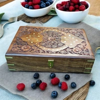 Sold By R R Global Exports Jewellery Box With Carving And Brass Inlay - L.12'' W>8'' H.3.5'', Natural Polish, Wooden