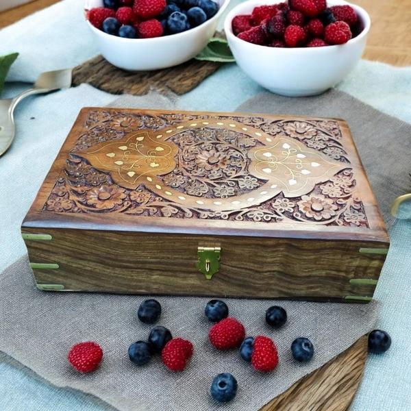 Sold By R R Global Exports Jewellery Box With Carving And Brass Inlay - L.12'' W>8'' H.3.5'', Natural Polish, Wooden