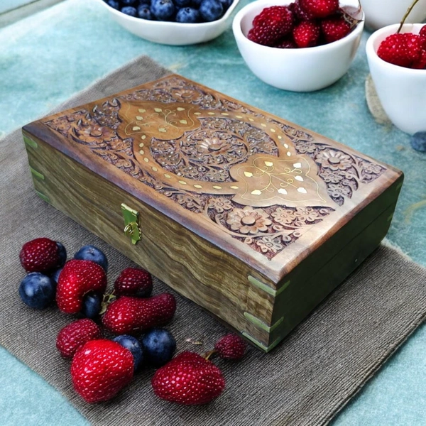 Sold By R R Global Exports Jewellery Box With Carving And Brass Inlay - L.12'' W>8'' H.3.5'', Natural Polish, Wooden
