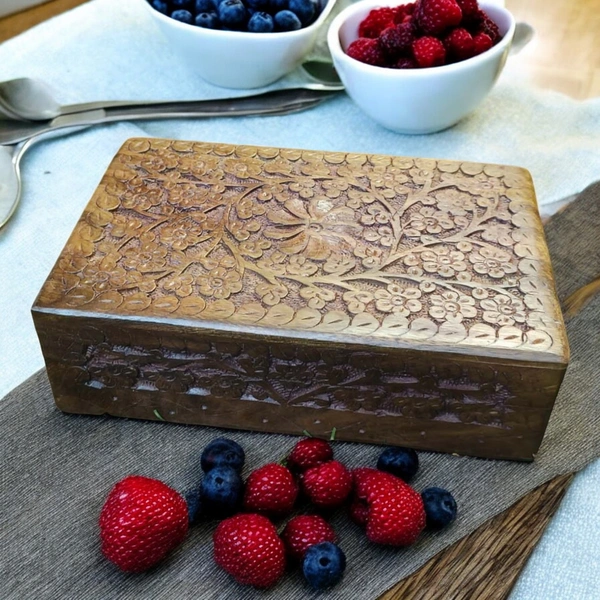 Sold By R R Global Exports Jewellery Box With Full Carving - L.8'' W.5'' H.2.5'', Natural Polish, Wooden