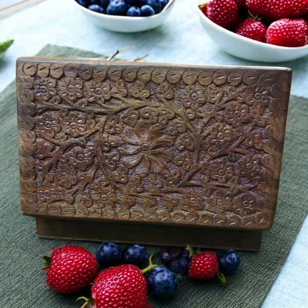 Sold By R R Global Exports Jewellery Box With Full Carving - L.8'' W.5'' H.2.5'', Natural Polish, Wooden