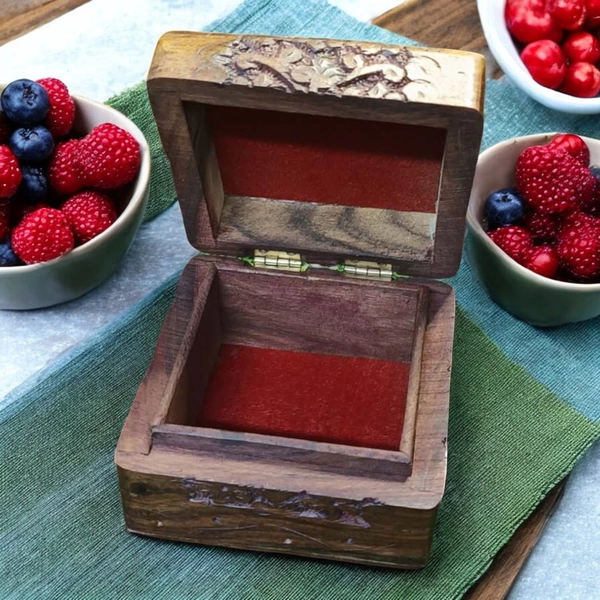 Sold By R R Global Exports Jewellery Box With Full Carving - L.4'' W.4'' H.2.5'', Natural Polish