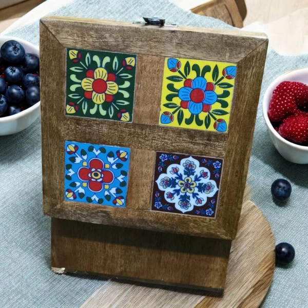 Sold By R R Global Exports Jewellery Box With Design - L.6'' W.6'' H.3.5'', Natural Polish, Wooden