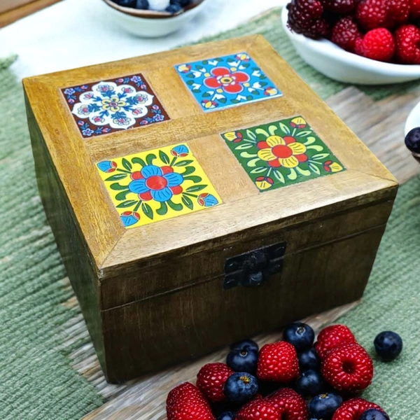 Sold By R R Global Exports Jewellery Box With Design - L.6'' W.6'' H.3.5'', Natural Polish, Wooden
