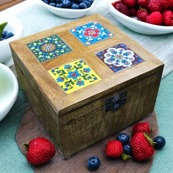 Sold By R R Global Exports Jewellery Box With Design - L.6'' W.6'' H.3.5'', Natural Polish, Wooden