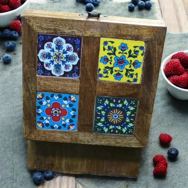 Sold By R R Global Exports Jewellery Box With Design - L.6'' W.6'' H.3.5'', Natural Polish, Wooden