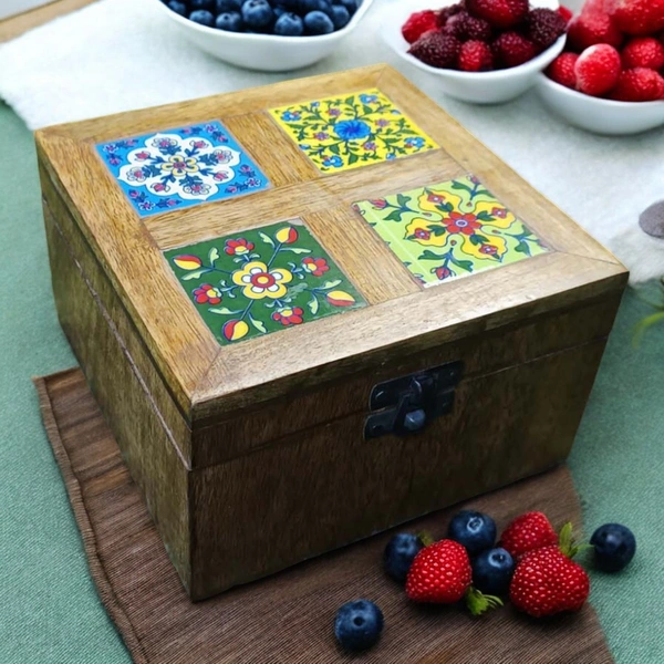 Sold By R R Global Exports Jewellery Box With Design - L.6'' W.6'' H.3.5'', Natural Polish, Wooden