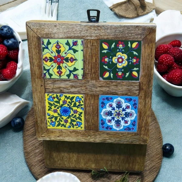 Sold By R R Global Exports Jewellery Box With Design - L.6'' W.6'' H.3.5'', Natural Polish, Wooden