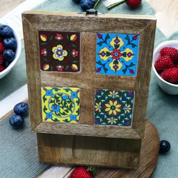 Sold By R R Global Exports Jewellery Box With Design - L.6'' W.6'' H.3.5'', Natural Polish, Wooden