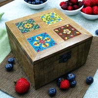 Sold By R R Global Exports Jewellery Box With Design - L.6'' W.6'' H.3.5'', Natural Polish, Wooden