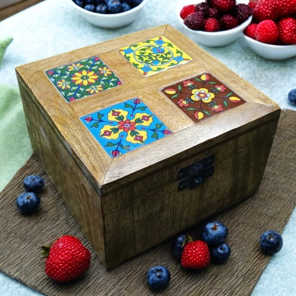 Sold By R R Global Exports Jewellery Box With Design - L.6'' W.6'' H.3.5'', Natural Polish, Wooden