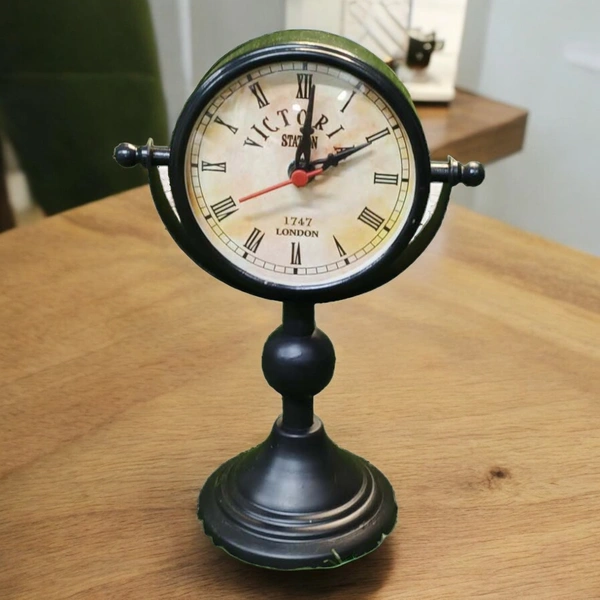 Sold By R R Global Exports Table Clock For Home Decor - H.9.5'' L.6.5'' Base. 4'', Black, Iron