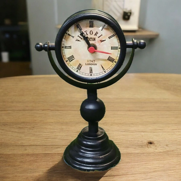 Sold By R R Global Exports Table Clock For Home Decor  - H.7.2'' L.5.5'' Base. 3'', Black, Iron