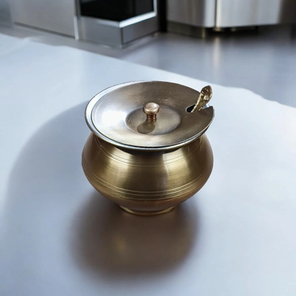 Sold By R R Global Exports Ghee Pot With Spoon - H.8 cm Dia. 9 cm, Brass Antique, Brass