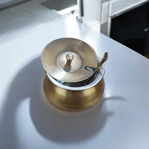 Sold By R R Global Exports Ghee Pot With Spoon - H.8 cm Dia. 9 cm, Brass Antique, Brass