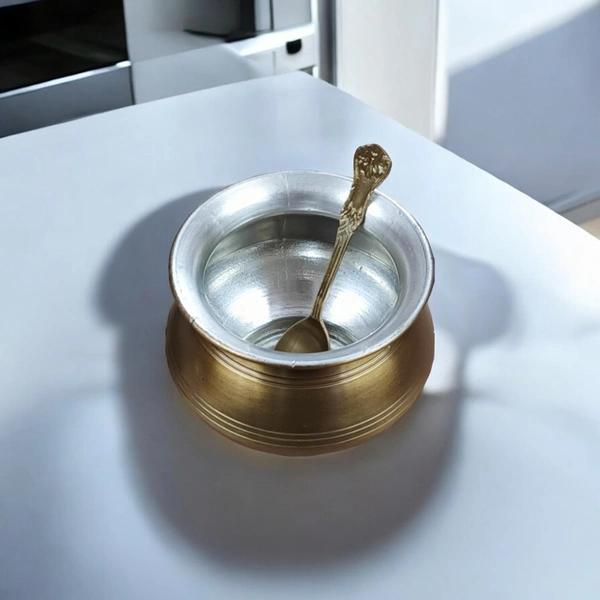 Sold By R R Global Exports Ghee Pot With Spoon - H.8 cm Dia. 9 cm, Brass Antique, Brass