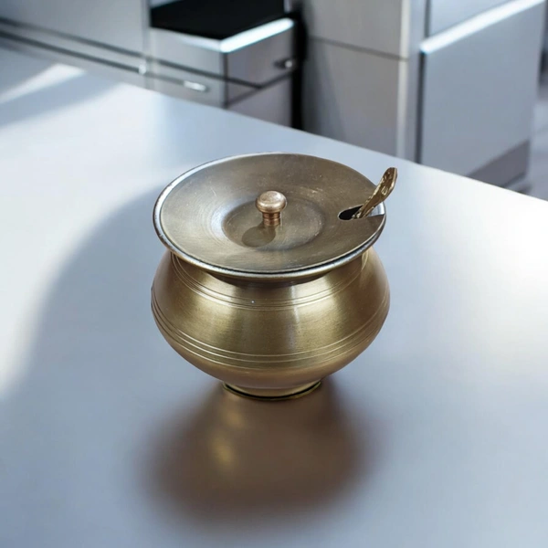 Sold By R R Global Exports Ghee Pot With Spoon - H.8 cm Dia. 9 cm, Brass Antique, Brass