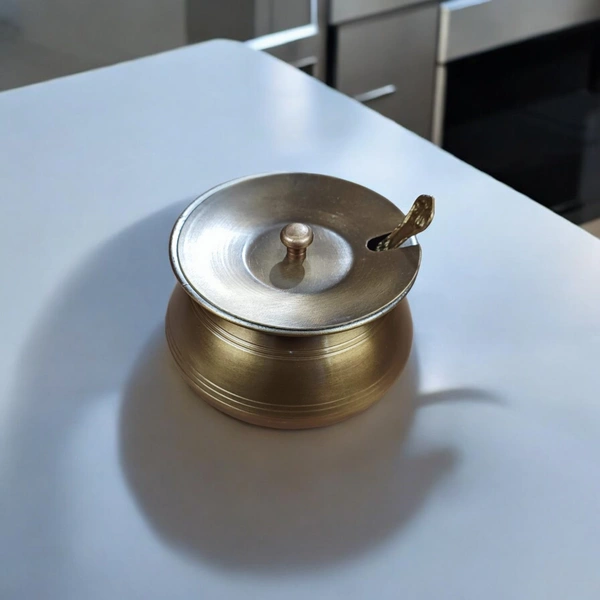 Sold By R R Global Exports Ghee Pot With Spoon - H.8 cm Dia. 9 cm, Brass Antique, Brass