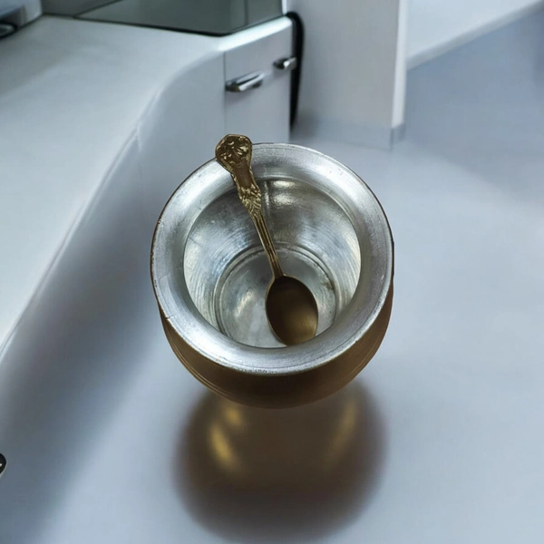 Sold By R R Global Exports Ghee Pot With Spoon - H.8 cm Dia. 9 cm, Brass Antique, Brass