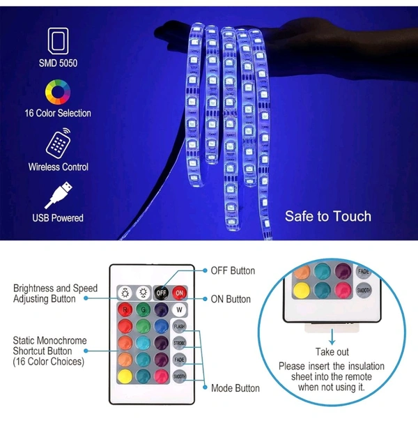 RGB LED Strip Lights, LED Mood Lights, Multi Coloured USB TV Backlight with Remote, TV PC Laptop Background Lighting, Home Movie Theater (1 Set)