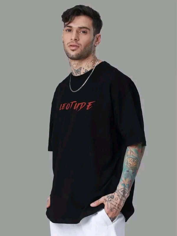 Leotude Cotton Blend Oversized Fit Printed Half Sleeves Men's T-Shirt - Black ( Pack of 1 ) - Black, S