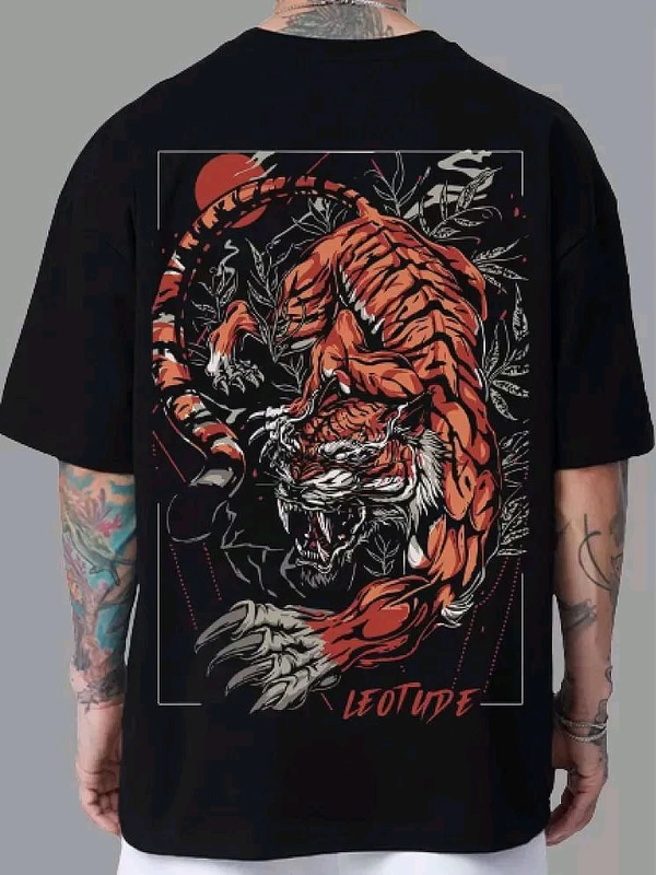 Leotude Cotton Blend Oversized Fit Printed Half Sleeves Men's T-Shirt - Black ( Pack of 1 ) - Black, XL