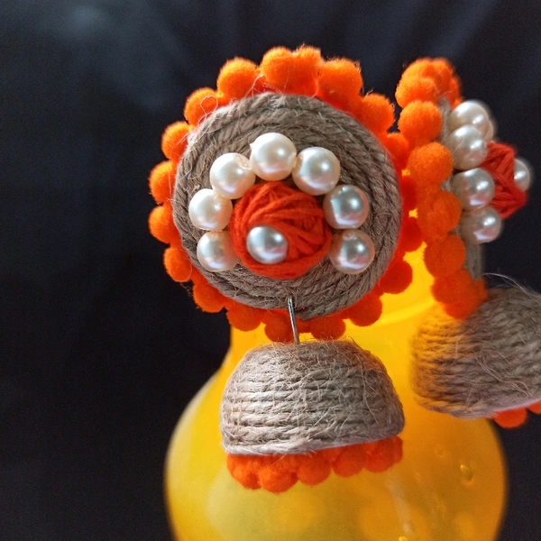 RdE Jewellery Hub PFE001 DESIGNER JUTE JHUMKA - ORANGE WITH JUTE