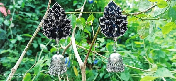 RdE Jewellery Hub PPE146 FANCY MINAKARI SILVER BIG EARRING - BLACK WITH SILVER