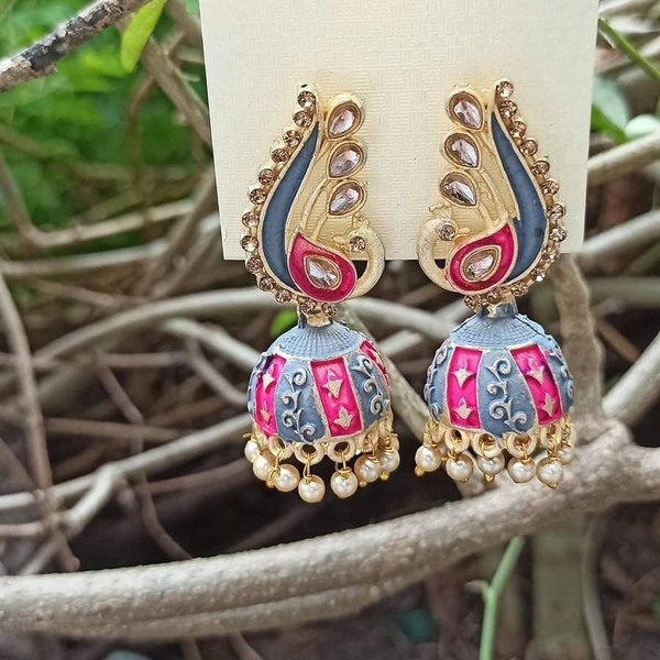 RdE Jewellery Hub PPE149 DESIGNER PEACOCK MINAKARI JHUMKA - GOLDEN WITH PINK & GREY COLOUR MIXED