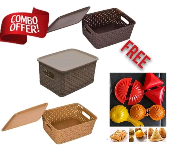 Plastic 3 Pcs Storage Basket & Samosa, Laddu, Ghughara,Kachori Mold For Kitchen(4 Pcs)