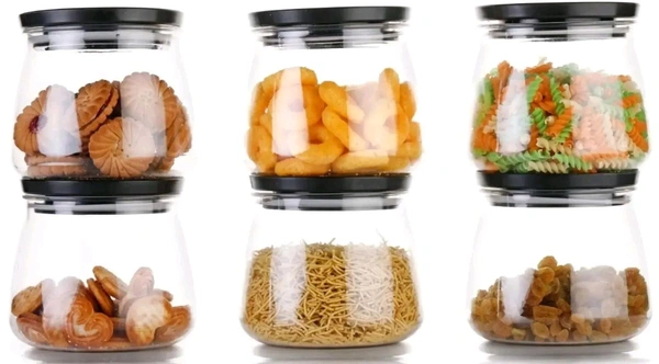 Plastic Airtight Container Jar Set For Kitchen - 900  ml Set Of 6 Made In India - Black, 6pc