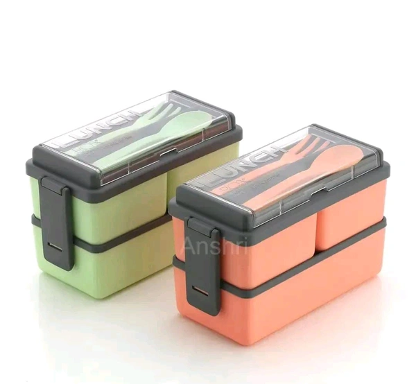 3 Compartment Lunch Box With Fork And Spoon 1400ml - 2pc, Green + orange