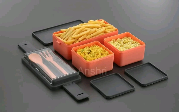 3 Compartment Lunch Box With Fork And Spoon 1400ml - 2pc, Green + orange