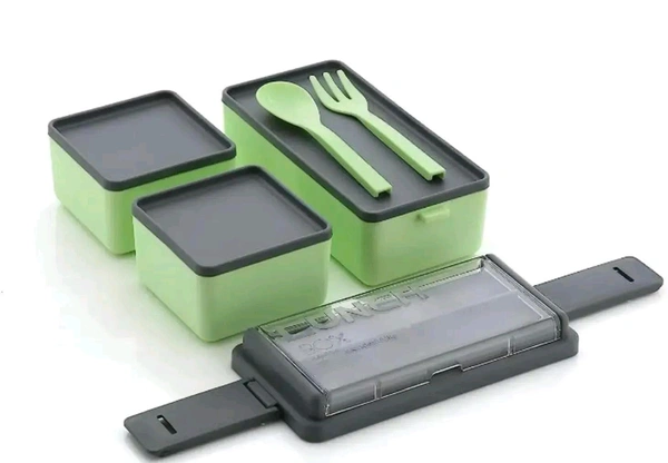 3 Compartment Lunch Box With Fork And Spoon 1400ml - 2pc, Green + orange