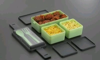 3 Compartment Lunch Box With Fork And Spoon 1400ml - 2pc, Green + orange