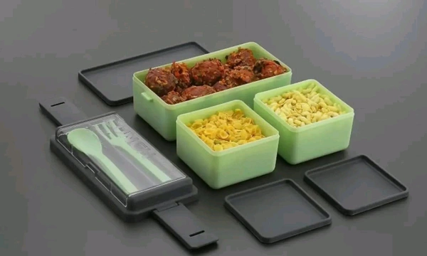3 Compartment Lunch Box With Fork And Spoon 1400ml - 2pc, Green + orange