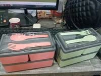 3 Compartment Lunch Box With Fork And Spoon 1400ml - 2pc, Green + orange
