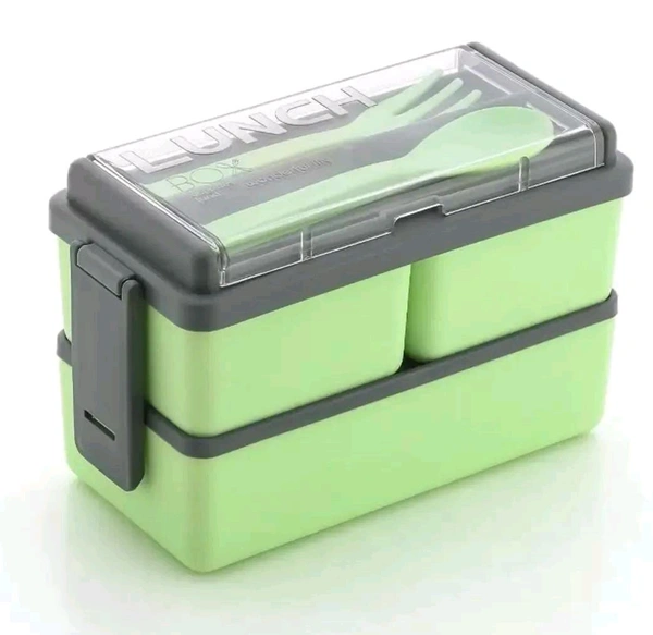 3 Compartment Lunch Box With Fork And Spoon 1400ml - 1pc, Green