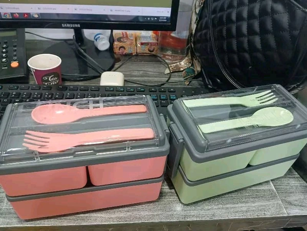 3 Compartment Lunch Box With Fork And Spoon 1400ml - 1pc, Green