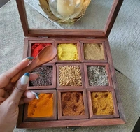 Handicrafts Spice Box with Spoon in Sheesham Wood,Container with Lid Handmade/ 9 containers, Pack of 1 